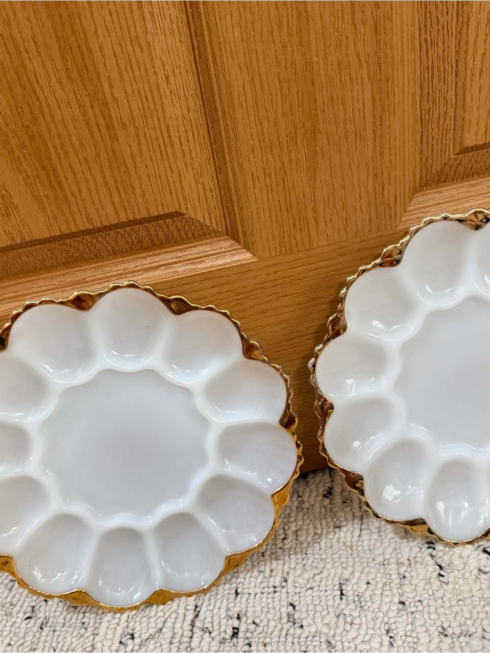 vintage anchor hocking milk glass deviled egg plates gold trim set of 2
